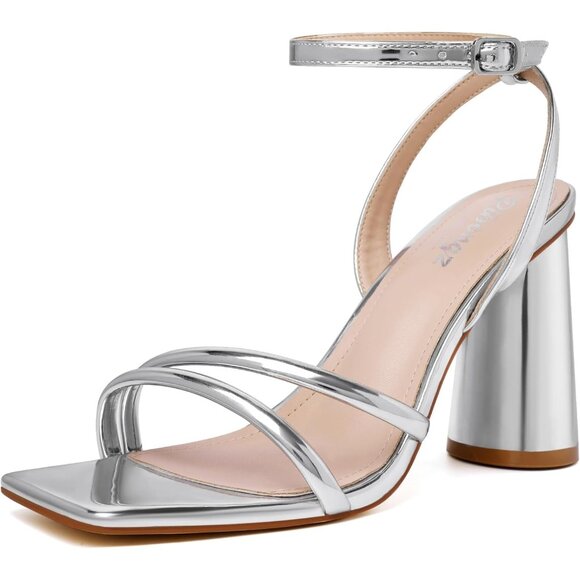Women's Silver Square Open Toe Strappy Ankle Strap Block Heeled Sandals Shoes - Picture 1 of 9
